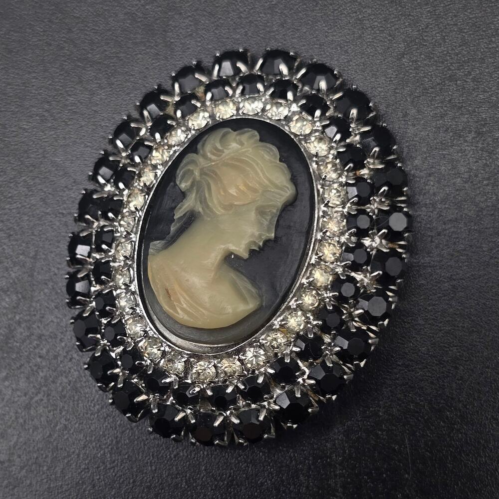Black Rhinestone Cameo Brooch Vintage Costume Jewelry